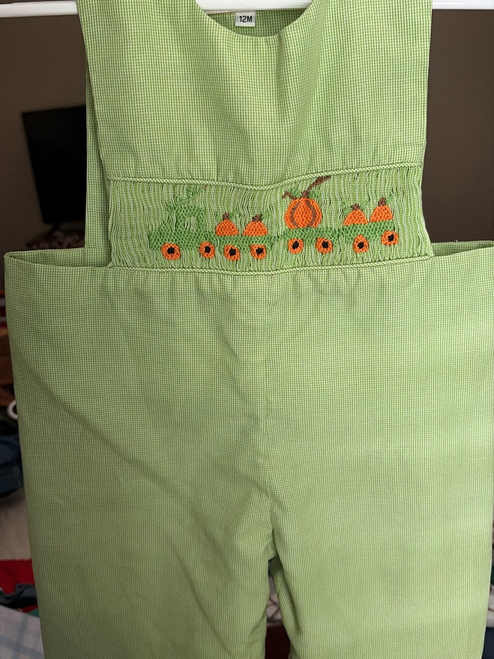 Green Pumpkin Embroidered Kids Overalls